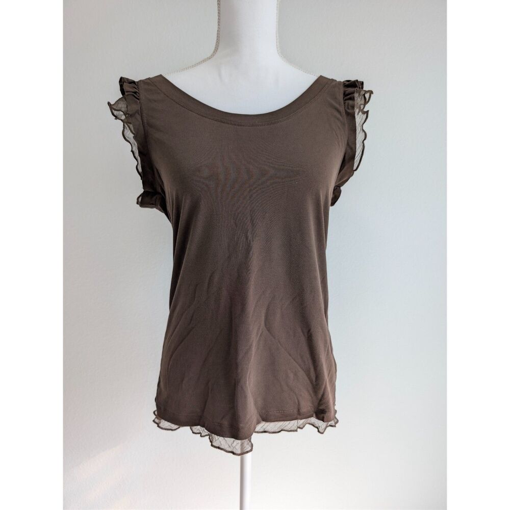 Banana Republic Brown Ruffle Cap Sleeve Top Lettuce Edge Hem XL Y2K Boho